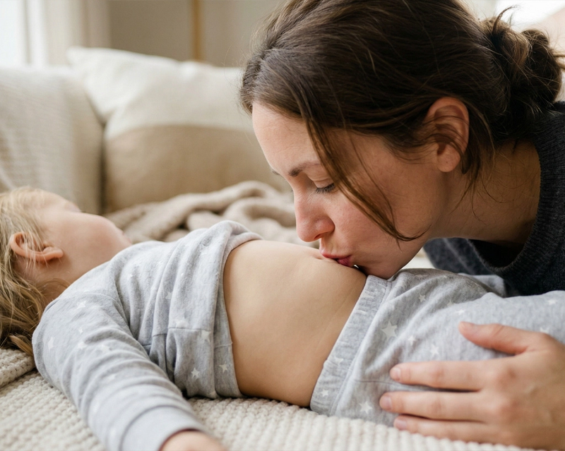 Eine Mutter beugt sich über ihr schlafendes Kleinkind auf dem Sofa und gibt ihm einen sanften Kuss auf den Bauch. 