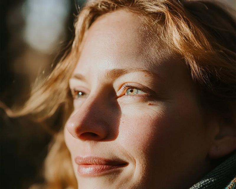 Junge Frau blickt lächelnd in die Sonne