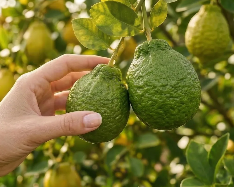 Eine Hand berührt zwei grüne, unebene Zitrusfrüchte an einem Ast in einem sonnigen Garten